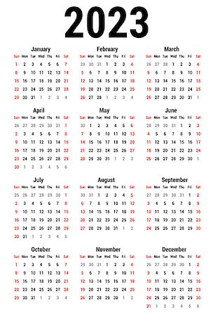 simsearch:614-01869618,k - Calendar for 2023 Year on White Background. Week Starts Sunday. Simple Vector Template. Stationery Design Template Photographie de stock - Aubaine LD & Abonnement, Code: 400-08982080