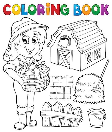 Coloring book girl and farm objects - eps10 vector illustration. Stock Photo - Budget Royalty-Free & Subscription, Code: 400-08982446