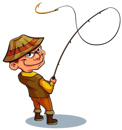 fisherman cartoon - The fisherman grins at the bait. An empty hook for your presentation. Amateur Fisherman In Khaki Clothes Seeing The Fish To Take The Bait Cartoon Vector Character And His Hobby Illustration Stock Photo - Budget Royalty-Free & Subscription, Code: 400-08982504