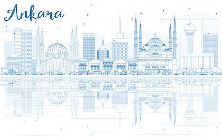 simsearch:400-08628897,k - Outline Ankara Skyline with Blue Buildings and Reflections. Vector Illustration. Business Travel and Tourism Concept with Historic Architecture. Image for Presentation Banner Placard and Web Site. Foto de stock - Super Valor sin royalties y Suscripción, Código: 400-08982587