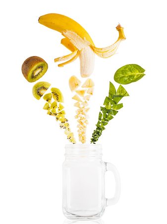 fascinadora (artist) - Smoothie ingredients. Kiwi, banana and spinach and mason jar. Superfoods and healthy lifestyle or detox diet food concept. Top view or flat lay. Isolated on white, clipping path. Stock Photo - Budget Royalty-Free & Subscription, Code: 400-08997179