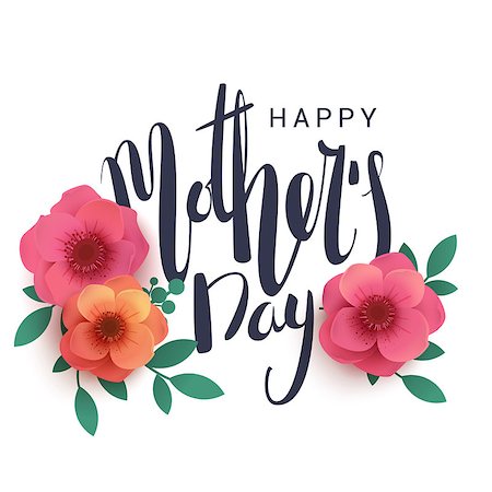 Happy Mother's Day lettering on a white background in a cradle. Bright illustration with red flowers and shadow. Paper flowers for the holiday. Stock Photo - Budget Royalty-Free & Subscription, Code: 400-08997344