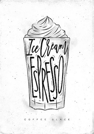 simsearch:400-08378379,k - Coffee glace cup lettering ice cream, espresso in vintage graphic style drawing on dirty paper background Stockbilder - Microstock & Abonnement, Bildnummer: 400-08997394