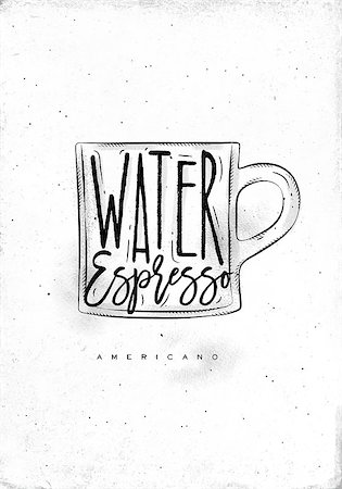 simsearch:400-08378379,k - Americano cup coffee lettering water, espresso in vintage graphic style drawing on dirty paper background Stockbilder - Microstock & Abonnement, Bildnummer: 400-08997392