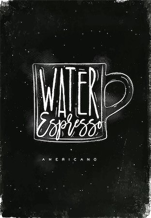 simsearch:400-08378379,k - Americano cup coffee lettering water, espresso in vintage graphic style drawing with chalk on chalkboard background Stockbilder - Microstock & Abonnement, Bildnummer: 400-08997393