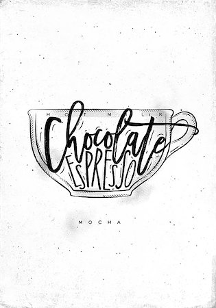 simsearch:400-08378379,k - Mocha cup lettering hot milk, chocolate, espresso in vintage graphic style drawing on dirty paper background Stockbilder - Microstock & Abonnement, Bildnummer: 400-08997404