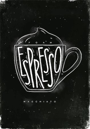 simsearch:400-08378379,k - Macciato cup lettering foam, espresso in vintage graphic style drawing with chalk on chalkboard background Stockbilder - Microstock & Abonnement, Bildnummer: 400-08997407