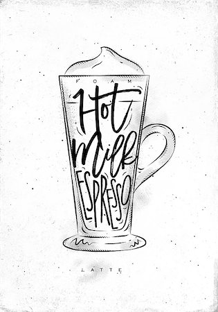 simsearch:400-08378379,k - Coffee latte cup lettering foam, hot milk, espresso in vintage graphic style drawing on dirty paper background Stockbilder - Microstock & Abonnement, Bildnummer: 400-08997402