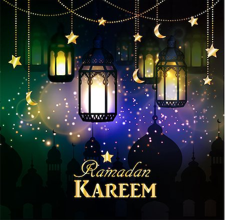 Ramadan Kareem, greeting background with hanging stars moons and lights Stock Photo - Budget Royalty-Free & Subscription, Code: 400-08997474