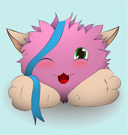 simsearch:400-06738068,k - Cartoon pink creature with blue ribbon winks and smiles Stock Photo - Budget Royalty-Free & Subscription, Code: 400-08997526
