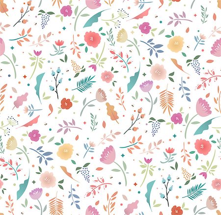 simsearch:622-06369308,k - Spring seamless floral pattern on a white background. Bright flowers and leaves, flat design. Background for fabric, paper, children's clothing. Stock Photo - Budget Royalty-Free & Subscription, Code: 400-08997555