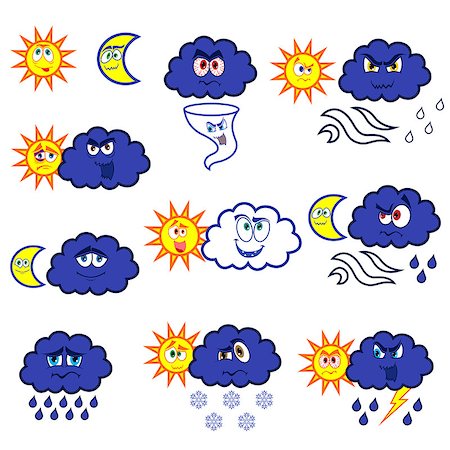 simsearch:400-07427440,k - Set of eleven cartoon color weather symbols, vector illustration isolated on the white background Stock Photo - Budget Royalty-Free & Subscription, Code: 400-08997664