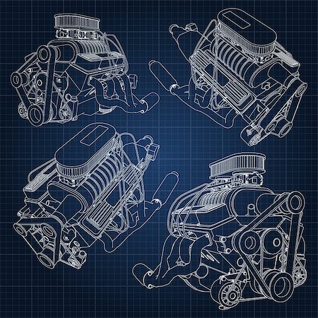 simsearch:622-02355491,k - A set of several types of powerful car engine. The engine is drawn with white lines on a dark blue sheet in a cage. Stock Photo - Budget Royalty-Free & Subscription, Code: 400-08997694