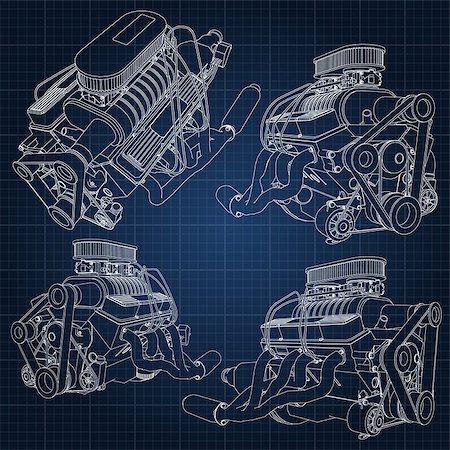 simsearch:622-02355491,k - A set of several types of powerful car engine. The engine is drawn with white lines on a dark blue sheet in a cage. Stock Photo - Budget Royalty-Free & Subscription, Code: 400-08997695