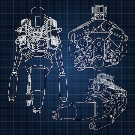 simsearch:622-02355491,k - A set of several types of powerful car engine. The engine is drawn with white lines on a dark blue sheet in a cage. Stock Photo - Budget Royalty-Free & Subscription, Code: 400-08997696