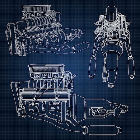 simsearch:622-02355491,k - A set of several types of powerful car engine. The engine is drawn with white lines on a dark blue sheet in a cage. Stock Photo - Budget Royalty-Free & Subscription, Code: 400-08997691
