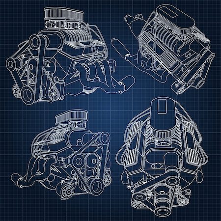 simsearch:622-02355491,k - A set of several types of powerful car engine. The engine is drawn with white lines on a dark blue sheet in a cage. Stock Photo - Budget Royalty-Free & Subscription, Code: 400-08997692