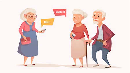 Elderly couple and an old woman in the style of a cartoon. Old people get together. Vector illustration of a flat design. Bubble for text. Stock Photo - Budget Royalty-Free & Subscription, Code: 400-08997716