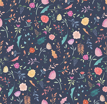 simsearch:622-06369308,k - Colorful seamless floral pattern on a dark background. Bright flowers and leaves, flat design. Background for fabric, paper, children's clothing. Stock Photo - Budget Royalty-Free & Subscription, Code: 400-08997711