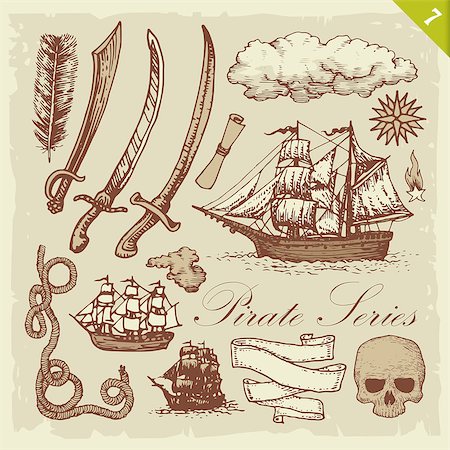 simsearch:400-06325631,k - Vintage pirate sketches. Layered vector illustration featuring EPS10. Stock Photo - Budget Royalty-Free & Subscription, Code: 400-08997808