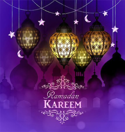 Ramadan Kareem, greeting background with hanging stars moons and lights vector Stock Photo - Budget Royalty-Free & Subscription, Code: 400-08997800