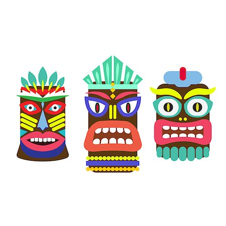 Tiki mask cartoon vector set. Hawaiian bar decorations isolated on white. Stock Photo - Budget Royalty-Free & Subscription, Code: 400-08997879