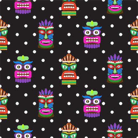 Tiki mask seamless polka dot dark pattern vector. Hawaiian culture black and white background. Stock Photo - Budget Royalty-Free & Subscription, Code: 400-08997880