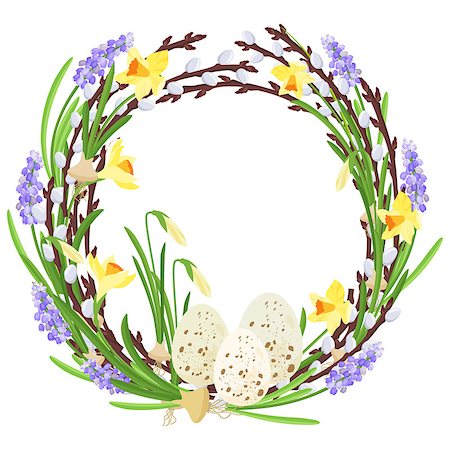 simsearch:400-08020817,k - Floral wreath with spring flowers.Mouse hyacinth, narcissuses, willow, eggs botanical illustration. Vector Foto de stock - Super Valor sin royalties y Suscripción, Código: 400-08997909