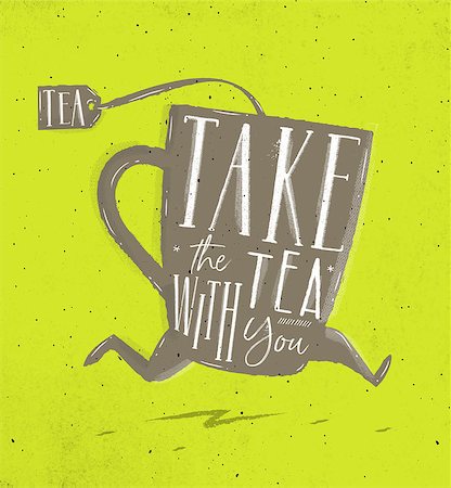 simsearch:400-08788125,k - Poster running cup of tea in retro style lettering take tea with you drawing on green background Stock Photo - Budget Royalty-Free & Subscription, Code: 400-08997927