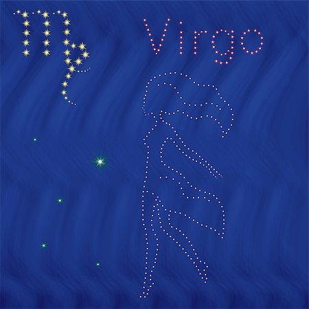 Zodiac sign Virgo contour with tiny stars on the background of blue wavy starry sky, vector illustration Stock Photo - Budget Royalty-Free & Subscription, Code: 400-08997967