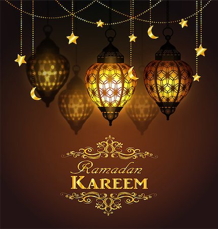 Ramadan Kareem, greeting background with hanging stars moons and lights vector Stock Photo - Budget Royalty-Free & Subscription, Code: 400-08998024