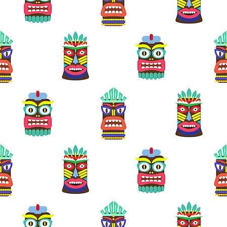 Hawaiian tiki mask seamless bright on white pattern vector. Totem symbols colorful tileable background. Stock Photo - Budget Royalty-Free & Subscription, Code: 400-08998146
