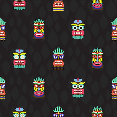 Colorful tiki masks totems seamless dark pattern vector. Hawaiian culture bright background. Stock Photo - Budget Royalty-Free & Subscription, Code: 400-08998147