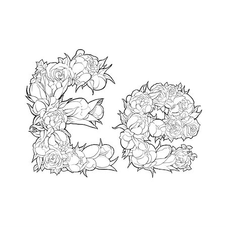 peony art - Black and white alphabet with flowers. The letter E Stock Photo - Budget Royalty-Free & Subscription, Code: 400-08998245