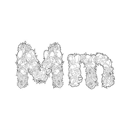 simsearch:400-08998245,k - Black and white alphabet with flowers. The letter M Foto de stock - Super Valor sin royalties y Suscripción, Código: 400-08998257