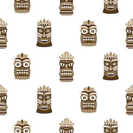 Wooden tiki mask seamless pattern vector. Hawaiian culture brown and white background. Stock Photo - Budget Royalty-Free & Subscription, Code: 400-08998369