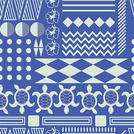 simsearch:400-08934693,k - Hawaiian culture ethnic ornament seamless vector pattern. Blue and white tileable tribe background with triangles, lines and turtle elements. Foto de stock - Royalty-Free Super Valor e Assinatura, Número: 400-08998459