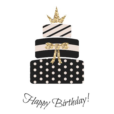 Glam birthday cake for girls. Black and pastel pink, striped, dotted three-tier cake. Gold glitter crown topping. Stock Photo - Budget Royalty-Free & Subscription, Code: 400-08998474