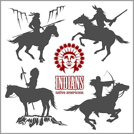 dclipart (artist) - wild west silhouettes - native american warriors riding horses. Vector illustration isolated on white. Fotografie stock - Microstock e Abbonamento, Codice: 400-08998589