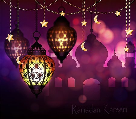 Ramadan Kareem, greeting background with hanging stars moons and lights vector Stock Photo - Budget Royalty-Free & Subscription, Code: 400-08998646