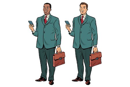 simsearch:400-08750050,k - Two fat businessmen African American and Caucasian. Man with phone and briefcase in a business suit. Pop art retro vector illustration Stock Photo - Budget Royalty-Free & Subscription, Code: 400-08998667