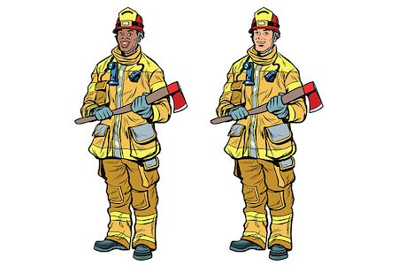 simsearch:400-06392786,k - African American and Caucasian firemen in uniform with axes. Black and white professionals. Pop art retro comic book vector illustration Fotografie stock - Microstock e Abbonamento, Codice: 400-08998729