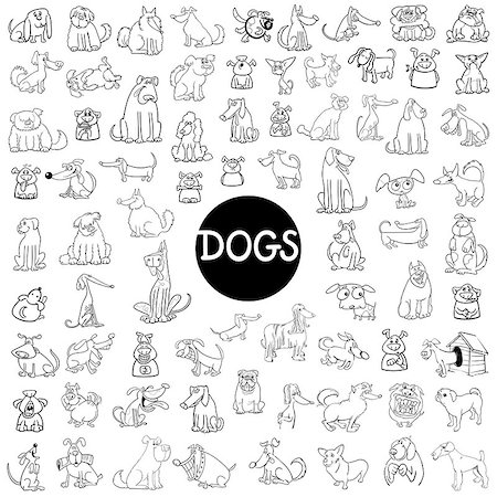 simsearch:400-08998847,k - Black and White Cartoon Illustration of Dogs Pet Animal Characters Large Set Foto de stock - Super Valor sin royalties y Suscripción, Código: 400-08998846