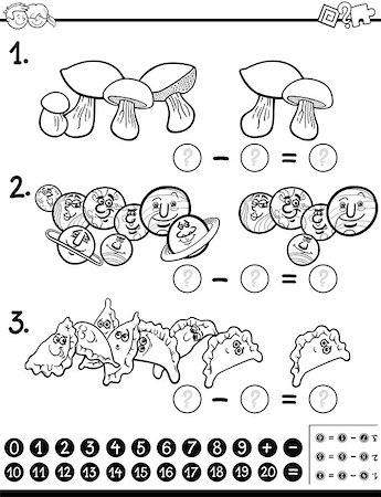 simsearch:400-08965106,k - Black and White Cartoon Illustration of Educational Counting and Subtraction Mathematical Game for Children Coloring Page Stock Photo - Budget Royalty-Free & Subscription, Code: 400-08998848
