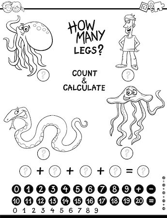 school black and white cartoons - Black and White Cartoon Illustration of Educational Counting and Addition Activity for Children Coloring Page Stock Photo - Budget Royalty-Free & Subscription, Code: 400-08998849