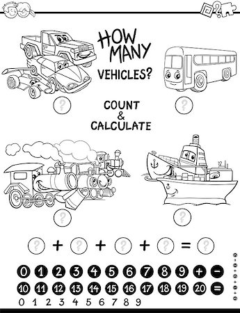 school black and white cartoons - Black and White Cartoon Illustration of Educational Counting and Addition Activity Game for Children Coloring Page Stock Photo - Budget Royalty-Free & Subscription, Code: 400-08998852