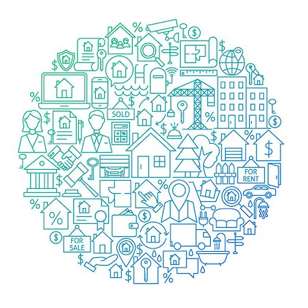 simsearch:400-08967527,k - Real Estate Line Circle Design. Vector Illustration of House and Building Objects isolated over White. Stock Photo - Budget Royalty-Free & Subscription, Code: 400-08998957