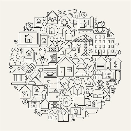 simsearch:400-08967527,k - Real Estate Line Icons Circle. Vector Illustration of House and Building Outline Objects. Stock Photo - Budget Royalty-Free & Subscription, Code: 400-08998959