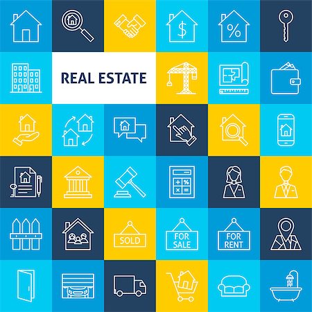 Vector Line Real Estate Icons. Thin Outline House and Building Symbols over Colorful Squares. Stock Photo - Budget Royalty-Free & Subscription, Code: 400-08998964