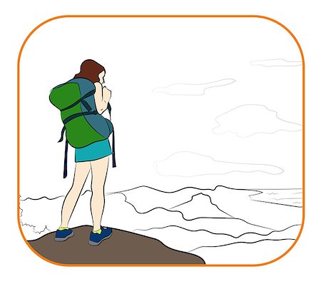 Young woman walking alone on a mountain trail. Girl looks at a horizon. Adventure travel. Summer vacation. Around the world. Cartoon style. Vector illustration. Stock Photo - Budget Royalty-Free & Subscription, Code: 400-08999089